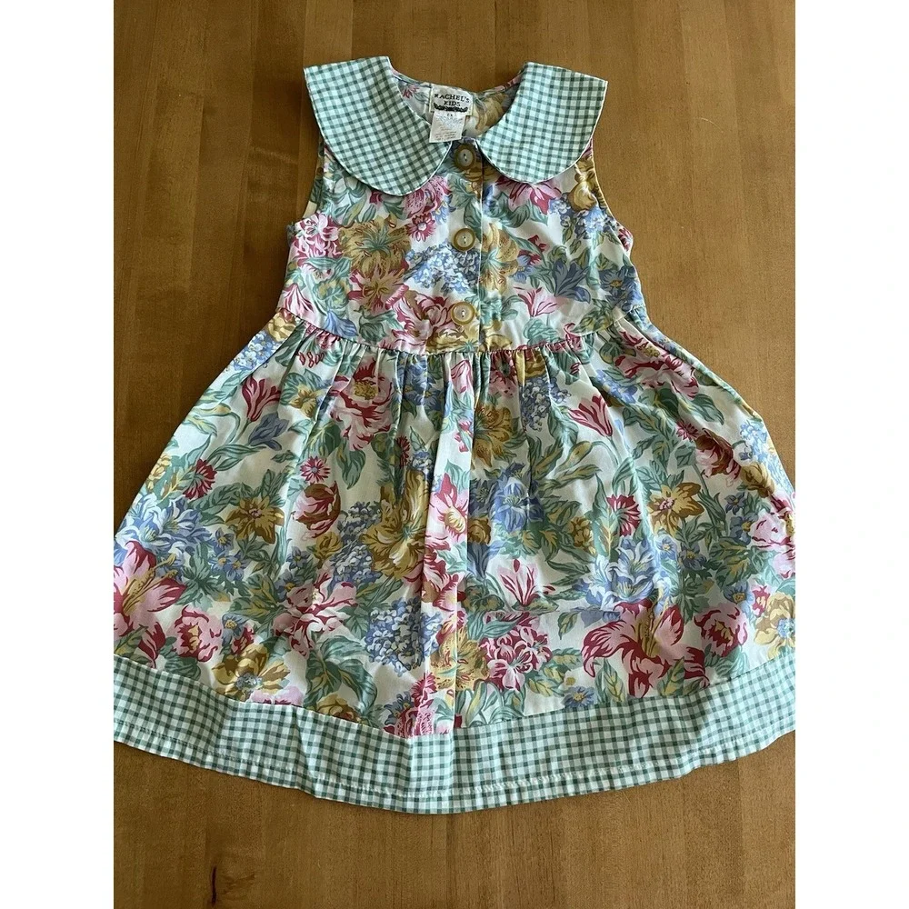 Vintage Rachel's Kids‎ Floral Gingham Peter Pan Collar Dress Sz 6X Green Plaid